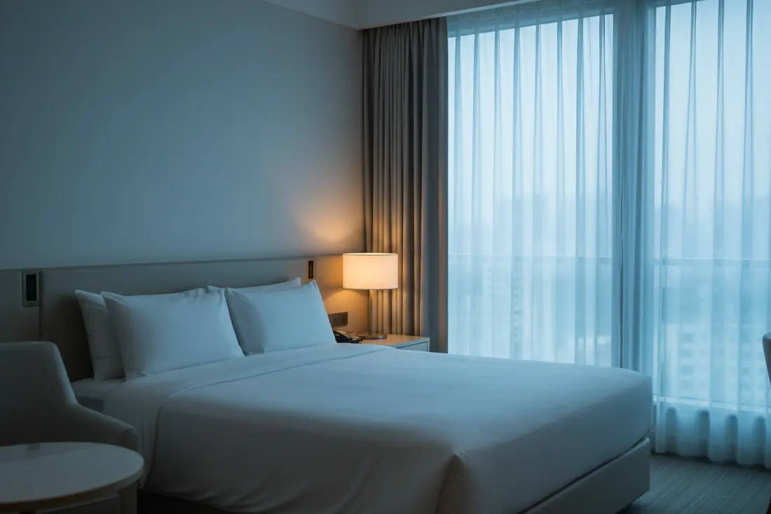 Chambre d'hôtel au lit fait